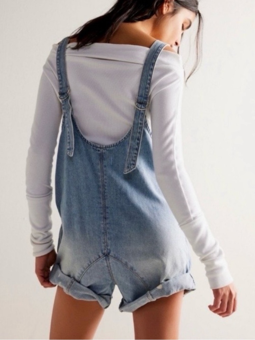 Free People Light Wash Denim Short Overalls Romper